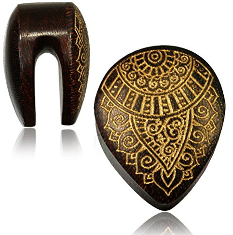 Chic-Net® träplugg tårar prydnad gyllene droppar lobe piercing träplugg tamarind | unisex pluggar män kvinnor | vintage träplugg handarbete för upphängning kvinnor män öronplugg orientaliskt örhänge, Trä, Utan sten