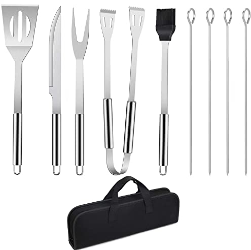 Utensilios de Barbacoa, 9 Piezas Kit de Herramientas para Barbacoa de Acero Inoxidable con Estuche, Pinza, Espátula, Cepillo, Pinchos para Parrilla, Tenedor de Carne y Cortador para Camping y Cocina
