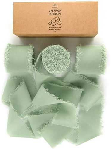 Vitalizart 3 rotoli di nastro di seta fatto a mano con frangia chiffon, 3,8 cm x 7 yd, set di nastri verdi salvia per inviti di nozze, bouquet da sposa, confezioni regalo, artigianato fai da te