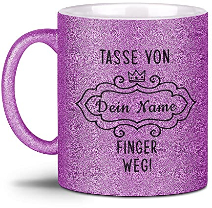 Glitzertasse - Tasse von XXX, Finger Weg! - mit Name Personalisieren - Geschenk für die Freundin, Frauen, Büro, Glitter - Hochwertige Keramik, 300 ml, Lila