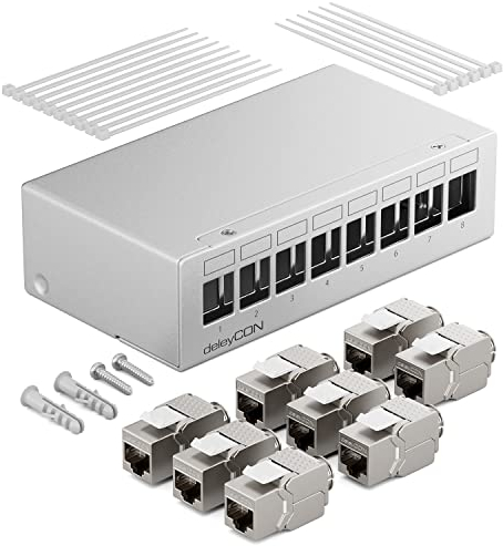deleyCON Patch Panel 8 Porte Set Sezionatore 1RU + 8 Moduli Keystone Jack RJ45 STP CAT6a Compatibile con Cavo di Installazione CAT5 CAT6 CAT6a CAT7 Cavo di Rete Ethernet LAN DSL - Grigio