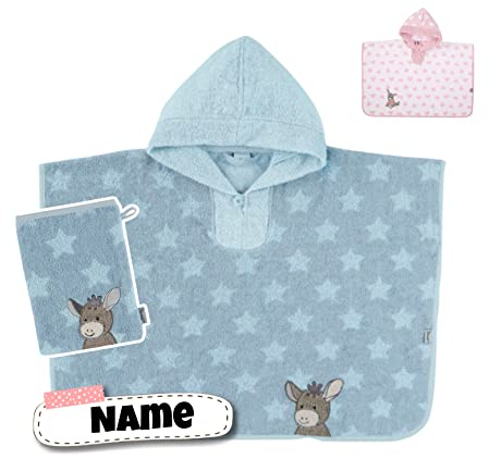 STERNTALER Poncho Kinder + Waschlappen mit Name Bestickt mit Name personalisiert | Kapuzenbadetuch Kinder | Kapuzenhandtuch | Badetuch mit Kapuze | bis 5 Jahre (EMI Stern blau)