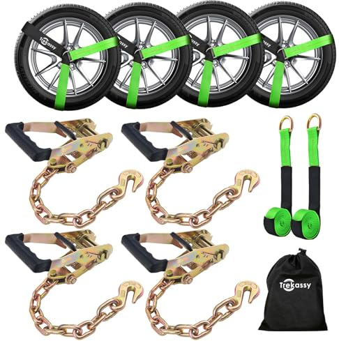 Trekassy Car Tie Down Straps for Trailers, 6 Pack 96 Inch Tire Straps (2 for Replacement), 4 Pack Ratchets with Chain Anchors, 10,000lb Break Strength