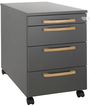 Rollcontainer mit Schubladen, abschließbar & vormontiert, Aktenschrank mit Utensilienauszug, Holz Büroschrank, Schreibtisch Schrank mit Holzgriffen, Büro Unterschrank Hängeregisterauszug Graphit