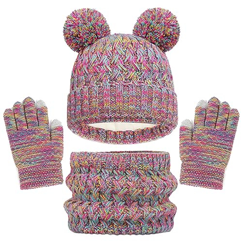 Baynetin Kids Winter Beanie Hat Scarf Gloves Set 3pcs, Thermal Knitted Pom Bobble with Fleece Lining, Two Fingers Touch Screen for Boys and Girls 2-8 (Iridescent) (Sty22091503)
