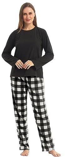 YUSHOW Schlafanzug Damen Winter Zweiteiliger Lange Oberteile Fleece Karierte Pyjamahose Hausanzug Kuschelig Frauen Weihnachts Lounge Pyjama Set,Schwarz+Grau Kariert,M