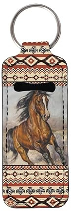 doginthehole Tribal Horse Chapstick Holder Keychain Neoprene Lip Balm Holder Animal Print Lipstick Holder Portable Protective Cover Pouch for Women Girls