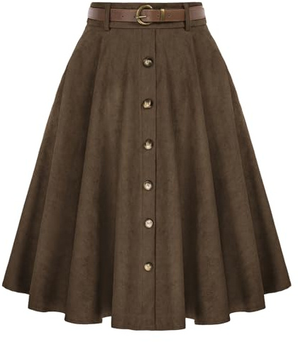 Belle Poque Gonne Vintage da Donna, Stile retrò, Elasticizzate, a Vita Alta, Svasate, con Tasche e Cinture, Marrone Cioccolato#633, S