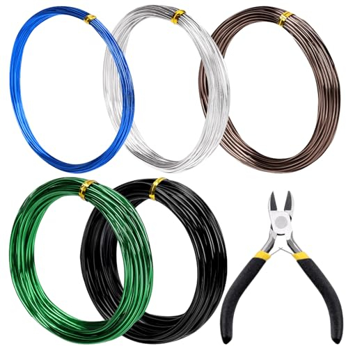 Tanstic Kit di 6 fili per bonsai da 0,8 mm, 1 mm, 1,5 mm, 2 mm, 3 mm, in alluminio, per bonsai in totale, con tronchese, per bonsai da interni (5 metri per ogni rotolo)