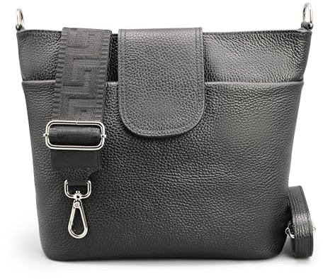 Brise Art Umhängetasche Damen Echtes Leder ELLIE Handgemachte Crossbody Bag mit Ledergurt + Optionalen Breiten Gemusterten Riemen 6 Fächer Wasserdichte Schultertasche Made in Italy (Schwarz - 4)