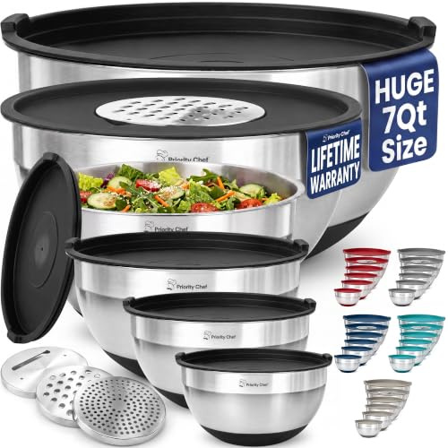Priority Chef 6Pc Large Mixing Bowls With Lids Set with Non-Slip Bases, Stainless Steel Mixing Bowl Set, 6 Airtight Lids and 3 Graters, Black