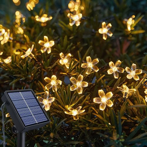 Fohil Guirnalda Luces Exterior Solar, 12M 100 LED Flores Cadena de Luces Luces Solares Jardin Flores 8 Modos Adornos para Jardín Impermeable Decoración para Navidad, Fiestas, Bodas, Patio, Jardín