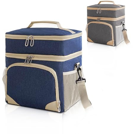 MzGro Insulated Large Cooler Bag, Portable Foldable Leekproof Thermal Lunch Bag, Double Decker Drinks Food Cool Bag for Work, School, Outdoor, Picnic, Travel, Camping (Blue, Large)