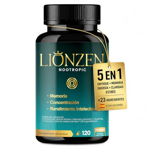 Nootropico Focus, Memoria y Concentración | +23 Ingredientes | 5en1 | Pastillas Estudiar | L-Teanina, Bacopa, Ginkgo Biloba, Cafeína, Melena león, Magnesio, L-Tirosina, Ashwagandha | LIONZEN NOOTROPIC