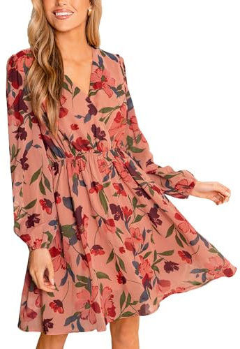 CUPSHE Robe Femme à Manches Longues Imprimée Florale en Mousseline A-Ligne Mini Élastique Automne, vieux rose, M