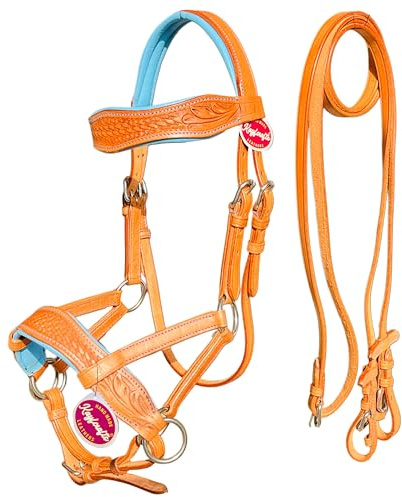 kayfcrafts Veg Tan Leather Sidepull Bitless Bridle for Horse with Cow Hide Padding & Leather reins (Blue, Cob)