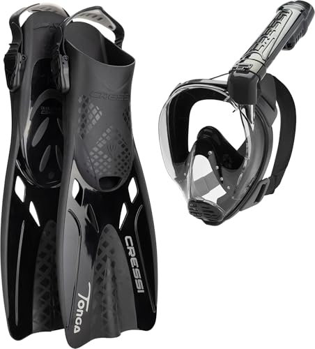 CRESSI Tonga Set Black/Black L/XL - Set Pinne Tonga Leggere Corte Regolabili Scarpetta Aperta+Maschera Integrale Baron Ampia Visuale, Ideali per Snorkeling, Nuoto, Nero/Nero, L/XL (42/47), Adulti