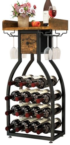 IBUYKE Portabottiglie da Terra per 15 bottiglie,Porta Vino con Porta Calici e Cassetti,Organizzatore da Bar per Bottiglie di Vino,Cantina Vino per Cucina, Sala da Pranzo,Bar,Marrone,TMJ908H