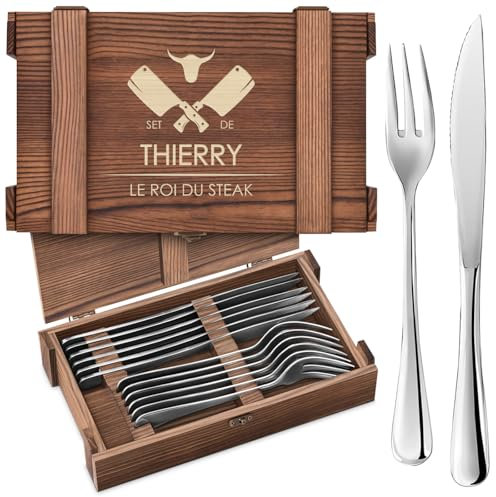 Maverton Couverts de Table à Steak - 6 Couteaux a Steak et 6 Fourchette a Viande dans un Coffret Cadeau Homme Personnalisé - Set De Table avec Boîte en Bois - Cadeau Personnalisé pour lui