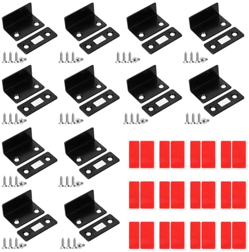 Swpeet Confezione da 12 chiusure magnetiche per armadietti, in acciaio inox, colore nero, a forma di L, ultra sottili, con chiusura magnetica per armadietti, porte, armadi, chiudiporta