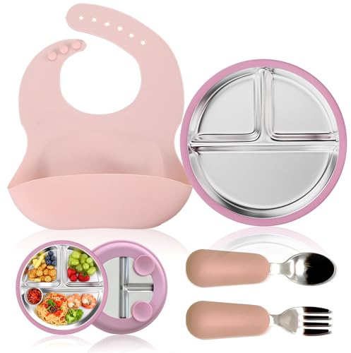 Platos De Acero Inoxidable Para Bebé,Platos Para NiñOs PequeñOs,Incluye Un Babero Y Set De 2 Cucharas Y Tenedores,Utensilios Para Bebé,Juegos De Cucharas Y Tenedores Para BebéS Divididos,Sin Bpa