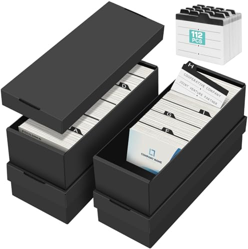 QLOUNI Business Card Storage Box 4 Pack, Business Card Holder Case with Lids & 112 Index Dividers, Holds 3200 Cards Total, Desk Business Card Organizer, Black Card Index & Recipe Card Storage
