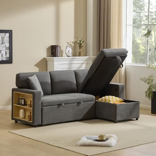 Miyemo 3 Seater Sofa Bed, 3 In 1 Convertible Sleeper Bed with Storage & Charging-Station, L Shaped Corner Sofa with Integrated Shelf, Side Pockets & 3 Cushions, Oxford Cloth, Dark Grey