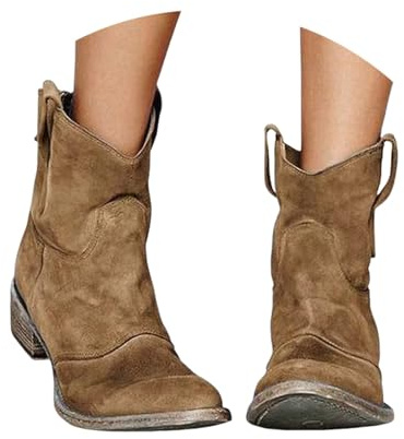 Bottes de cowboy rétro en daim pour femme - Talon bas - Bout rond - Faciles à nettoyer - Faciles à mettre et à enlever - Confortables - Pour la marche, la randonnée, le trekking, marron, 36.5 EU