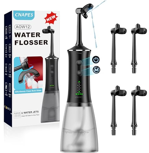 CNAPES U-Shaped Water Flosser Cordless for Teeth- 4 Nozzles for 360° Deep Cleaning in 1 Pass, 350ML Large Tank, 16 Pressure Modes, 30-Day, Rechargeable Water Dental Picks for Travel/Braces, Waterproof