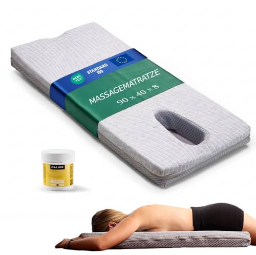 Camporan Materassino per Massaggi Cervical, Schiena e zona lombare con foro facciale ergonomico – Respira a pancia in giù – Schiuma rigida, fodera lavabile – INCLUDE Olio da massaggio 100 ml