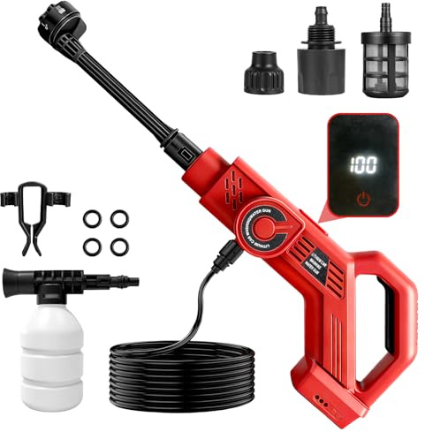 Batteridriven högtryckstvätt 80 bar kompatibel med Milwaukee 18 V bärbar högtryckstvätt, med 6-i-1 munstycke borstlös motor, 6 l/min nylonmaterial, lämpligt för bil, terrasser och gräsmatta (utan