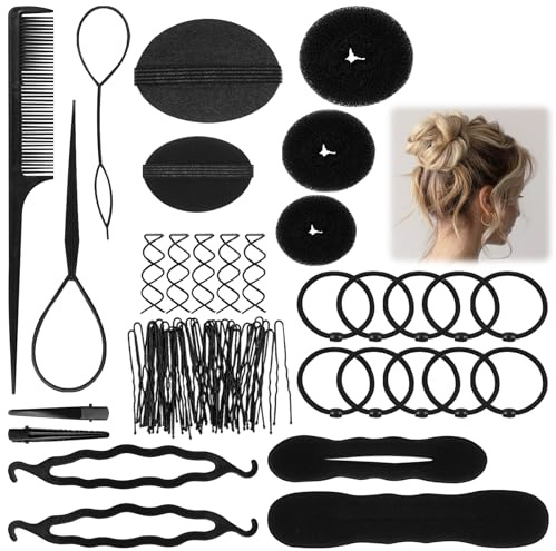 OVBOVA Juego de accesorios para el cabello y accesorios para el cabello, herramienta para hacer moños y trenzas, ayuda para hacer moños, coletas y trenzas, fácil de usar (negro)