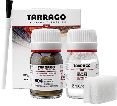 Tarrago | Kit 25 ml di colorante auto-lucido | Tintura autolucidante per scarpe, accessori e primer | Copre sfregamenti e calzature Oro antico (504)