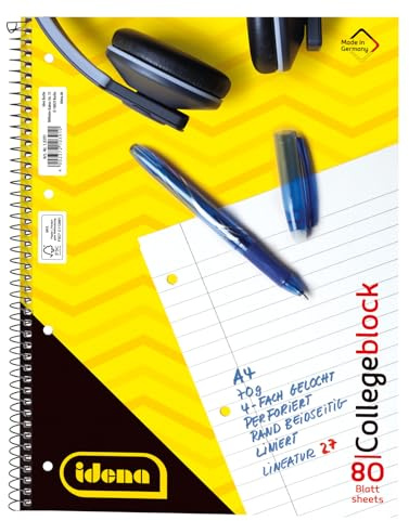 Idena - Collegeblock, DIN A4, 80 Blatt, 70 g/m², liniert, gelocht