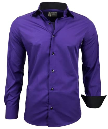 Subliminal Mode - Repassage Facile Chemise Homme Col Bicolore Uni Manches Longues Coupe Slim Business Idée Cadeau, Noël, Saint Valentin RN44,6XL,Violet