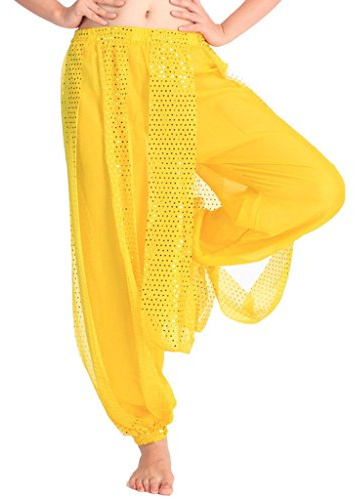 Baisdan Pantaloni Harem Yoga di Danza del Ventre, Pantaloni tribali arabici Indiani in Chiffon da Donna Adatti per Feste di Danza Yoga Pilates Zumba Giallo