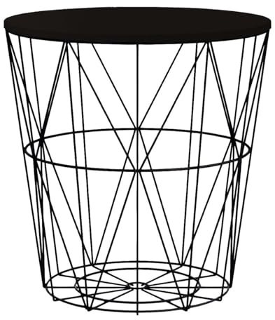 Round Side Table Wire Metal Storage Basket Modern Tea Nest Table with Removable Wood Top for Hallway, Living Room, Bedroom, or Office Decor Sidetable (Black + Black Lid, Medium)