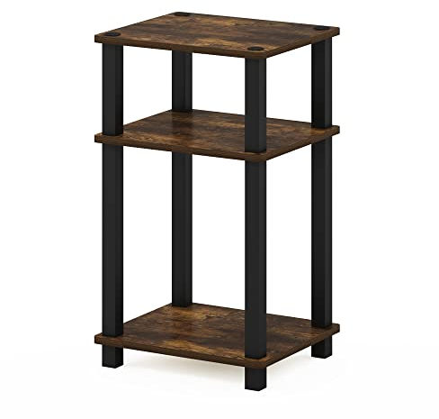 Furinno JUST Side Table, 3-Tier Open Shelf Bedside Table, Toolless Assembly Side Sofa Table, Bed Side Table with Square Tube, for Living Room, Bedroom, Amber Pine