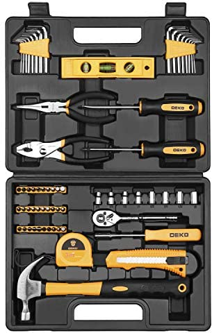 DEKO Boîte à outils 65 en 1, mallette à outils portable complète, y compris marteau, tournevis avec jeu d'embouts, clé à douille, acier au chrome vanadium pour la maison, le bureau et le garage
