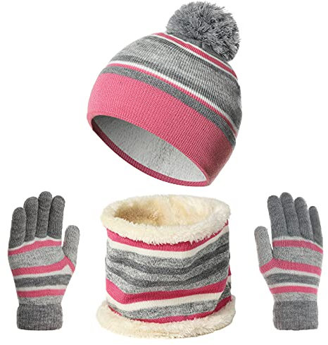 outfit spring Kinder Wintermütze Schal Handschuhe 3PC Set, Warme Winter Bommel Strickmütze Beanie Weich Dicke Fleece Futter Loopschal Kinderhandschuh Set für Mädchen Jungen Kind