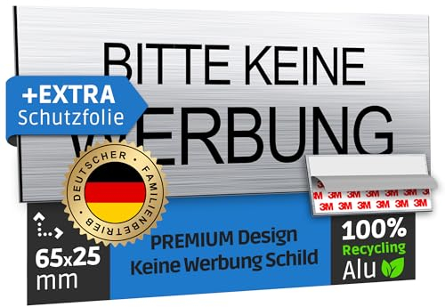 SCHILDERBOXX® Bitte keine Werbung Schild [65x25mm, 100% Alu, 3M Tape] - Kostenlose Zeitungen Verboten Aufkleber Briefkasten, Briefkastenschild Selbstklebend
