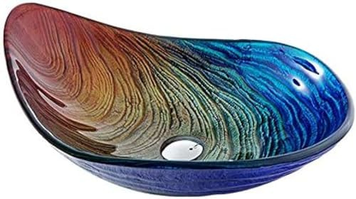 Tempered Glass Bathroom Vessel Sink Rainbow Colors Water Drop Shape Artistic Vessel Bathroom Vanity Bowl, Wash Basin Combo With Pop Up Drain, Mounting Ring,Single Sink,YUYANAIAI