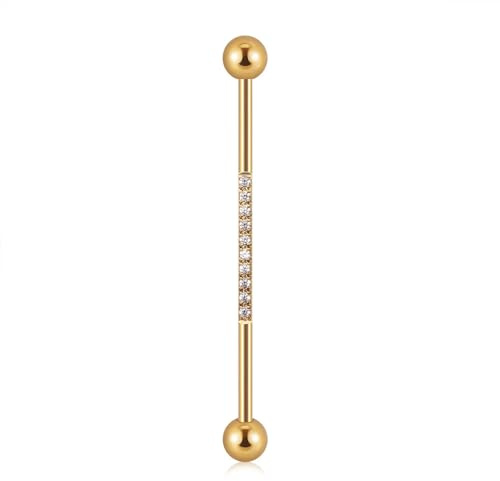 Niaspi 14G CZ Industrial Barbell Earrings for Women Men Surgical Steel Cubic Zircon Industrial Bar Long Cartilage Helix Piercing Barbell Earrings Industrial Piercing Jewelry (Gold)