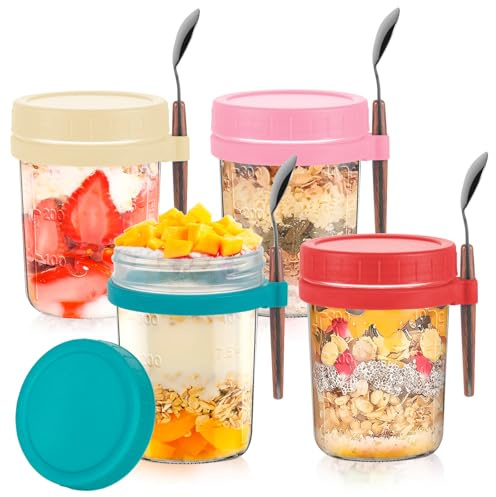 Esilihom 4 Pack Reusable Overnight Oats Jars with Lid and Spoon, 350ml Yoghurt Pots Jars for Overnight Oats Container, Glass Mason Jars for Cereals, Milk, Yogurt, Fruit, Salad（Red,Pink,Yellow,Green