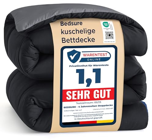 BEDSURE Bettdecke Ohne Bezug 135x200 - Bettdecke 135x200 für Allergiker, Warm & Gemütlich Ganzjahresdecke 300GSM Füllung, Waschbare Duvet für 4 Jahreszeiten, Schwarz/Grau