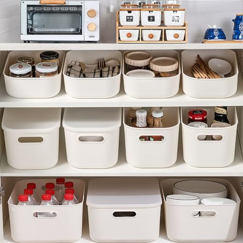 Duscdesp Aufbewahrungsbox mit Deckel, 6 Stück Kunststoffbox mit Griff, Vielseitige Aufbewahrungskorb Ordnungsboxen Bad Organizer Aufbewahrungskiste für Küche Badezimmer Büro Regal (6 Stück: 2S+2M+2L)