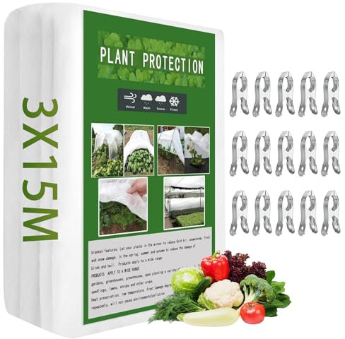 Vegamall 3 * 15M Vellón de Jardín de Plantas Vellón de Protección con 15 Clips Protección contra Heladas para Plantas Vellón de Protección contra Congelación para Invierno para Plantas 17g/m2