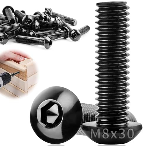 TXXATX 20 stycken linshuvudskruvar M8 x 30 mm svarta platta huvudskruvar M8 304 rostfritt stål med insexkant helgängade möbelskruvar för gör-det-själv-projekt möbelreparation montering underhåll