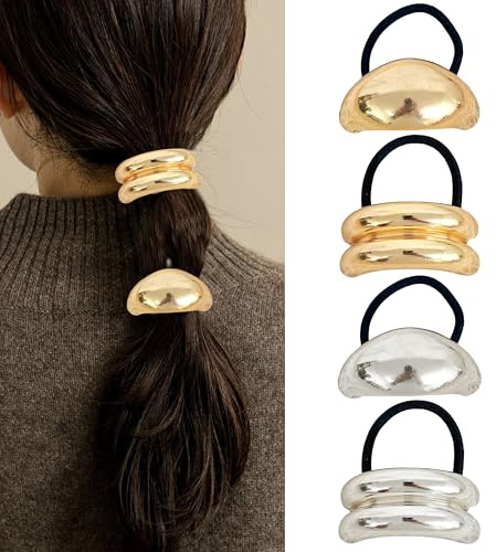 Metal Ponytails Hair Cuffs Gold & Silver Ties, Geometric Elastic Fashion Glossy Arch Accessories for Women 4PCS