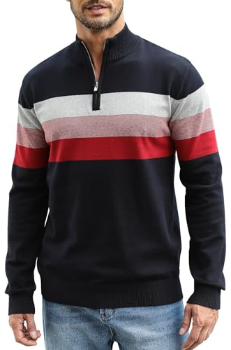 Superora Hombre Jersey a Rayas de 100% Algodón Invierno Pullover Manga Larga Suéter Cuello Alto con Cremallera 1/4 Zip